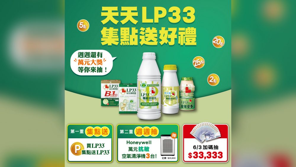 LP33推限時集點 15元就有機會抽中現金$33,333及2萬元抗敏空氣清淨機！